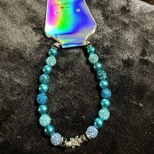 Handmade Teal Beaded Stretch Bracelet with Sparkle Accents